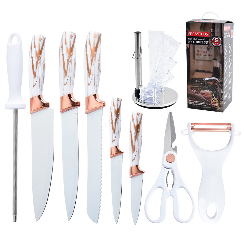 Yangjiang cuchillos de oro rosa acero inoxidable doble conjunto de nueve piezas conjunto de cuchillos domésticos de cocina