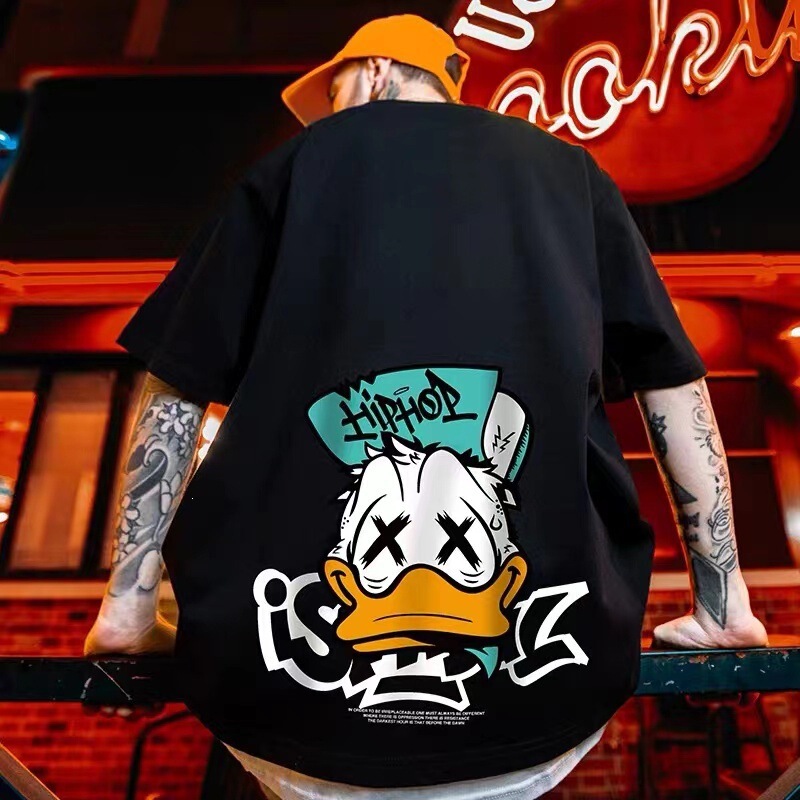 Oversize American hip-hop trendy cartoon T-shirt for men, loose fit, plus size, extra large, short sleeve
