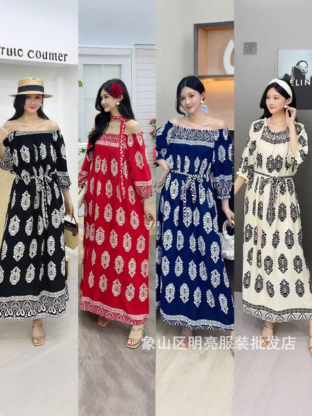 Summer ethnic dress with a round collar