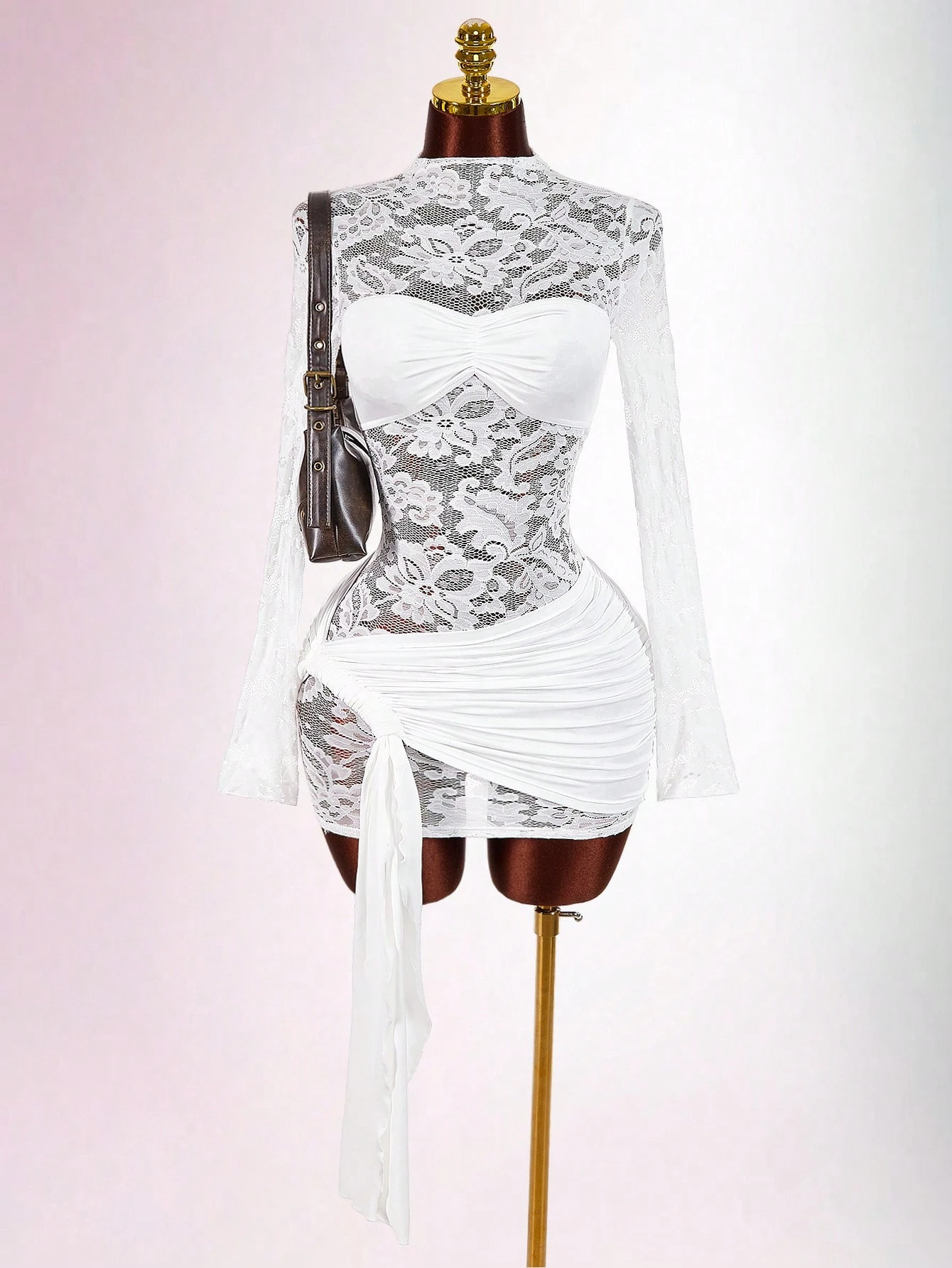 Sexy Lace Trimmed Mesh Fabric Round Neck Long Sleeved Slim Fit Pleated Tie Up Dress_ecoleips.com