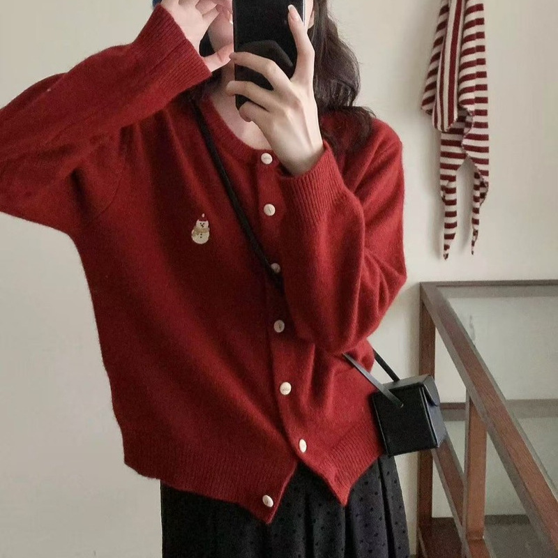 韩系慵懒风宽松刺绣小熊毛衣外套胖mm2025年冬大码甜美针织开衫女|undefined