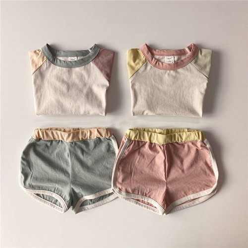 Korean style summer suit for infants and toddlers, simple casual contrasting color patchwork short-sleeved T-shirt + shorts cotton baby two-piece set