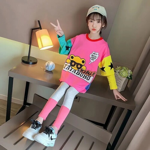 Girls T-shirt skirt spring and autumn new skirt Korean style middle and large children primary and secondary school students sportswear children's casual sweatshirt skirt