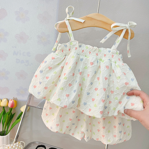 Children's Summer Set for Girls - 2241 Korean Version, Two-Piece Set Including Tank Top and Shorts with Heart Design, New Arrival Summer Clothing