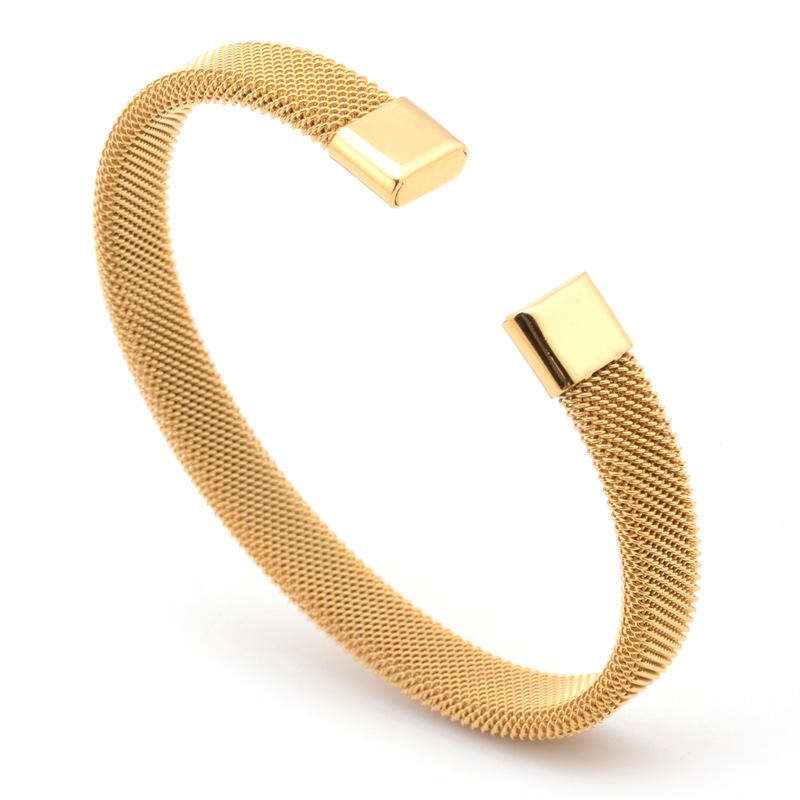 Cross-border European and American lightweight luxury stainless steel C-shaped mesh elastic open bangle bracelet, unisex, adjustable size