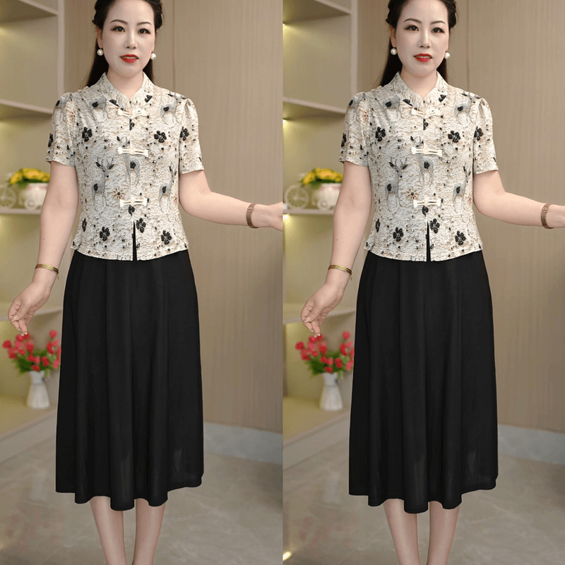 2025 Summer Middle-Aged and Elderly Mothers' Fashionable Thin Fake Two-Piece Skirt Slimming Loose Flesh-Covering Dress 2025 Summer Middle-Aged and Elderly Mothers' Fashionable Thin Fake Two-Piece Skirt Slimming Loose Flesh-Covering Dress