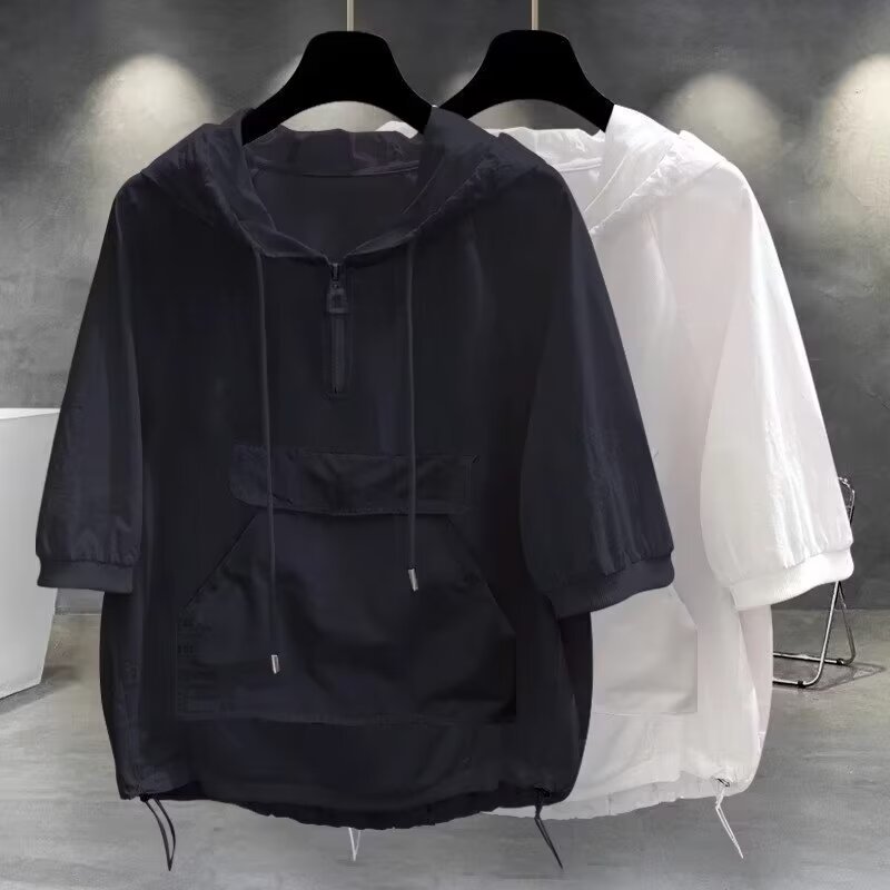 Solid color colored trend design short sleeve T-shirt with zipper…