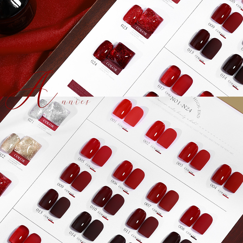 Otoño e invierno serie burdeos esmalte de uñas pegamento 2024 nuevo caramelo cereza roja belleza embriagadora 24 colores fábrica al por mayor