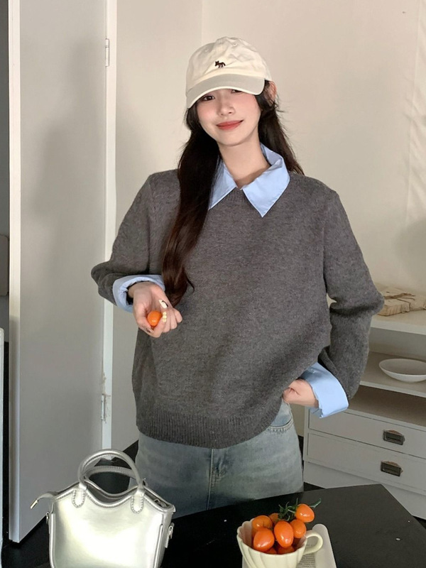 假两件衬衫领毛衣女秋装新款内搭慵懒风撞色翻领灰色针织衫上衣服|undefined