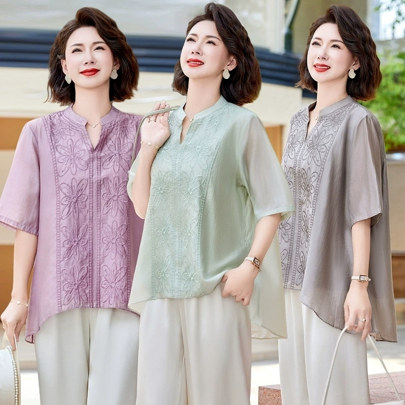 Шифоновая рубашка для женщин, летний стиль для мам, художественная блузка, новый китайский стиль, национальный стиль, женская мода среднего и пожилого возраста, топ нестандартной формы.