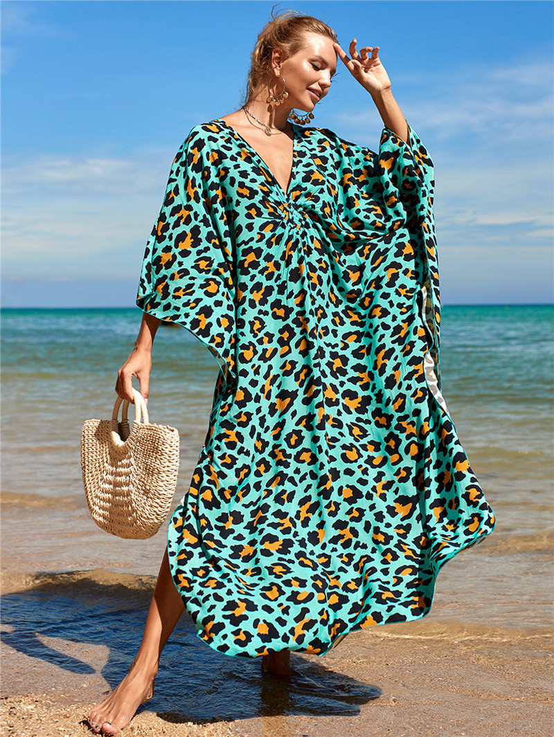224g Weight Sunscreen Shirt Outerwear Type 3/4 Length Sleeve Sleeve Length Polyester Fabric Type Long Top Length V Neck Neckline Printing, Leopard Pattern Spring&Summer Season Women's Gender Vacation, Beach Style Women's Printing Leopard Vacation Beach Cover Ups 62