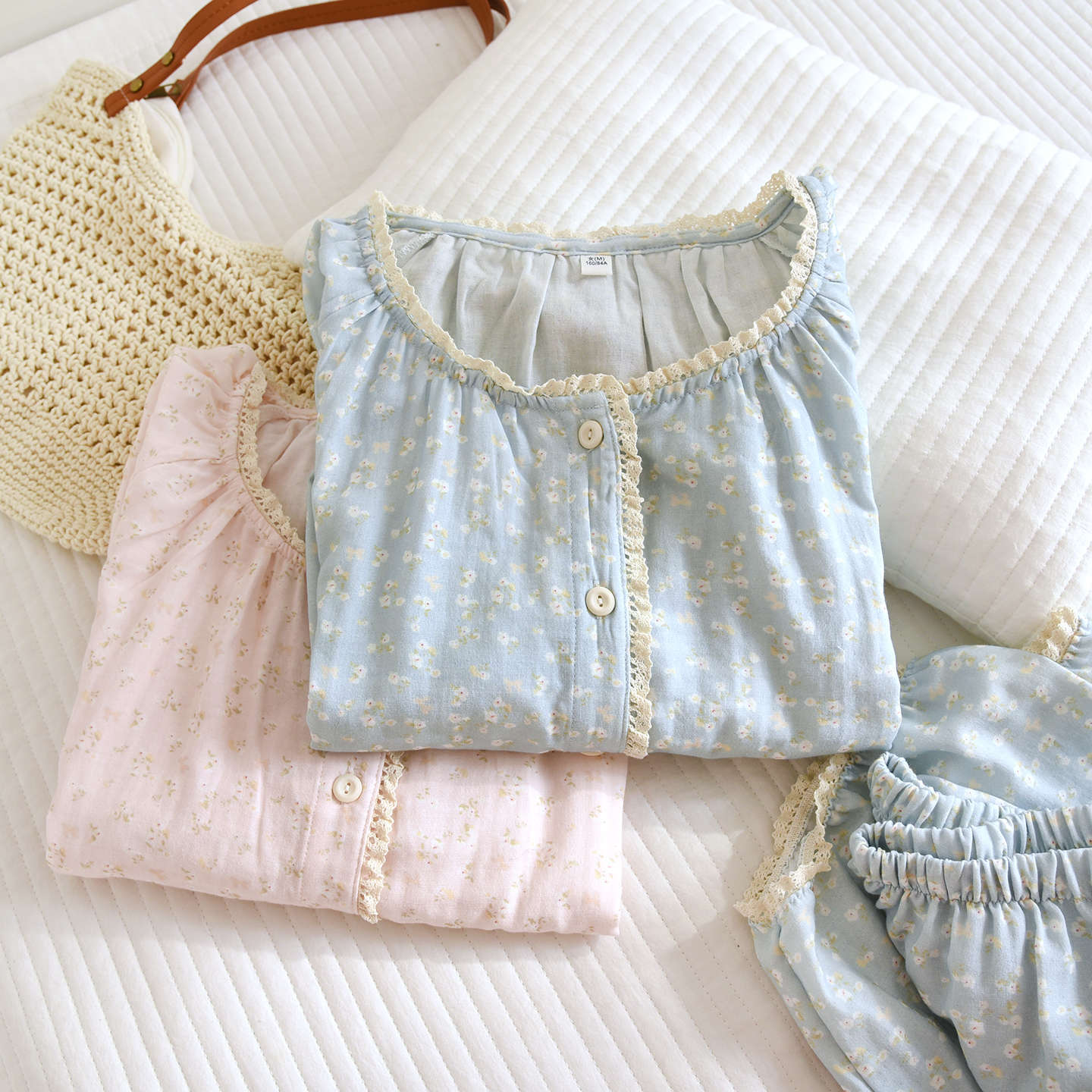 Cotton gauze pijama, summer long-sleeve, thin trousers, set, floral print