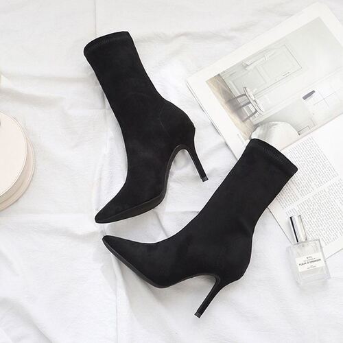 Black elastic sock boots with faux fur lining, mid-calf height, autumn/winter, stiletto toe, slimming fashion boots for women