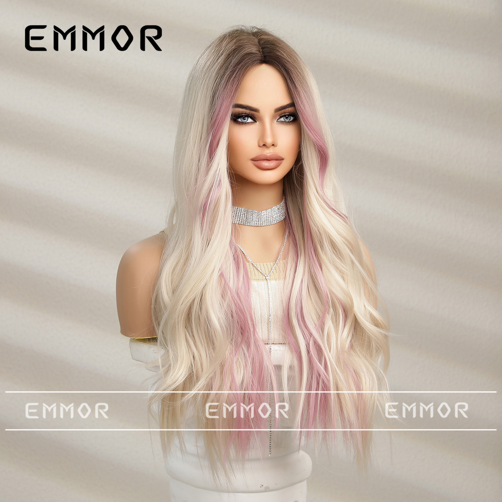 Transfronterizo europeo y americano nueva Peluca de las mujeres gradiente Medio Natural teñido de oro rosa largo pelo rizado completo superior peluca cabeza cubierta