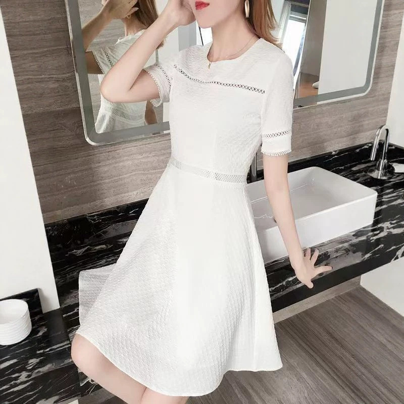 Đầm suông midi trắng tay ngắn cổ tròn phong cách đơn giản thanh lịch — trắng chi tiết 5