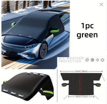 Cross-border best-selling car snow cover, winter anti-snow and anti-freeze half-cover car cover, front windshield sun protection magnetic snow cover (Car snow shield) - 260115cm-oxford-fabric-with-green-reflective-strips-4-straps