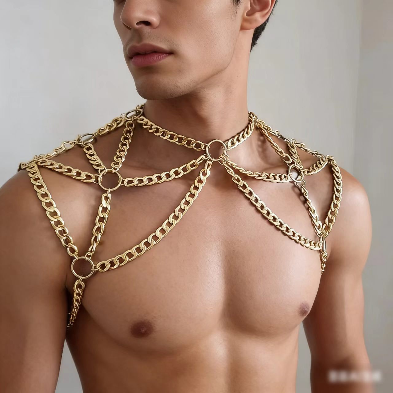 Sexy and alluring men's chunky metal body chain and shoulder chain, a popular fashion necklace in Europe and America, available in two colors