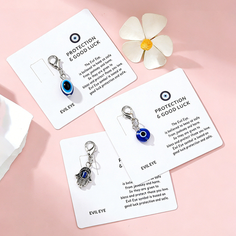 Cross-Border Best-Selling Protection Good Luck English Good Luck Card Diamond-Encrusted Evil Eye Keychain Pendant