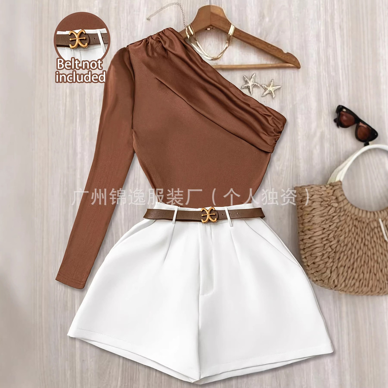 2026 European and American Style Irregular Brown Top Loose Slimming A-Line White Wide-Leg Pants Set (Excluding Belt)