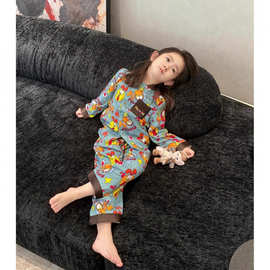 儿童春秋季款中大男女童可爱卡通可爱百搭加菲猫拼色宝宝休闲睡衣