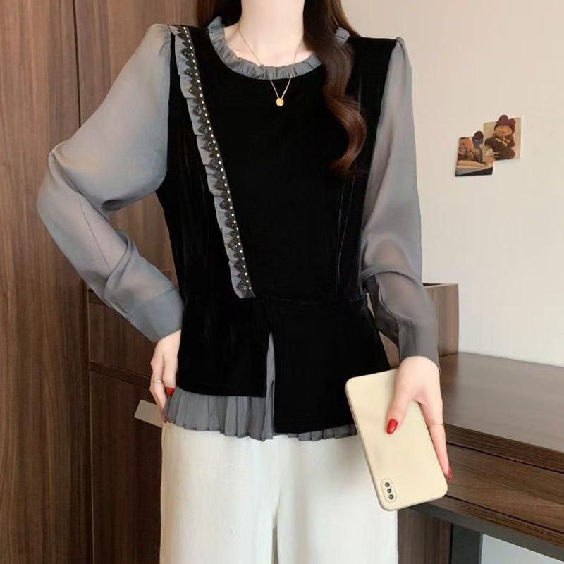 2026 Spring and Autumn New Style Elegant Faux Two-Piece Long-Sleeve Shirt for Women with Ruffled Trim, Slimming Commute Top