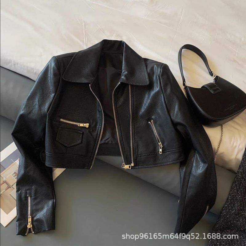 American Style Trendy Brand Biker Suit Slim-fit Short Jacket Women's Double Zipper Washed PU Leather Jacket All-match PU Leather Jacket