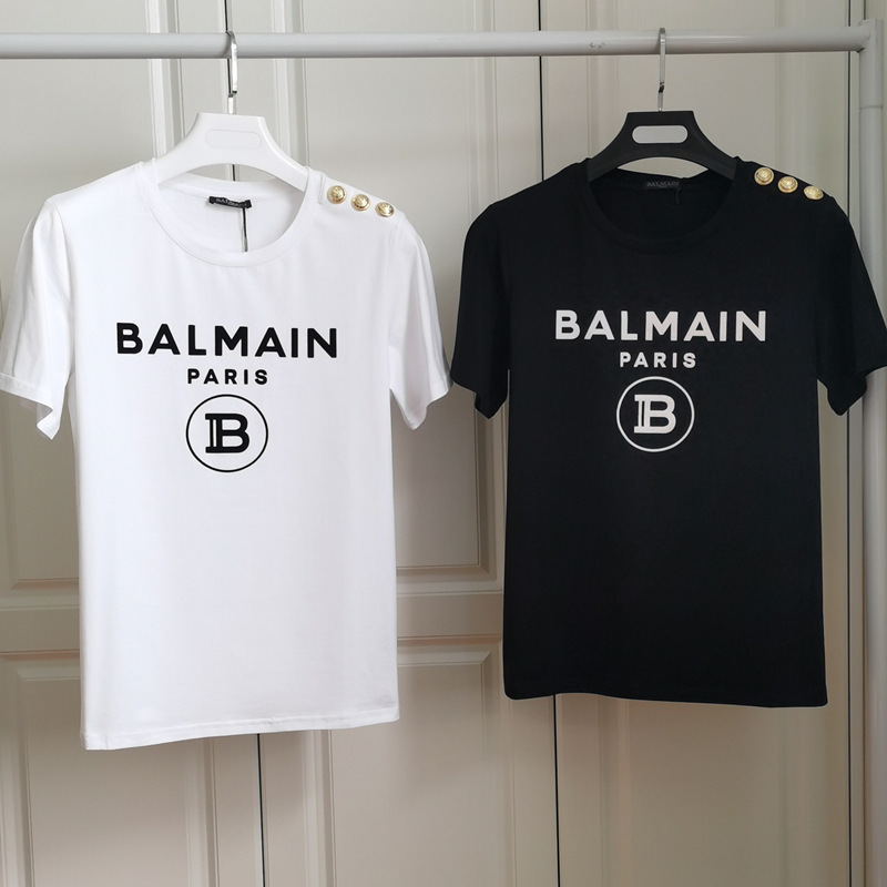 Balmain Spring and Summer New Cotton Flocked Letters Loose Pullover Balmain T-Shirt Ins Popular Couple Tee