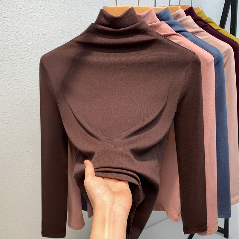 Camiseta de cuello alto para mujer, nuevo estilo 2024, ropa de mujer, color sólido, camiseta sencilla de manga larga con forro polar para mayor calidez, capa interior, top ajustado a la cintura