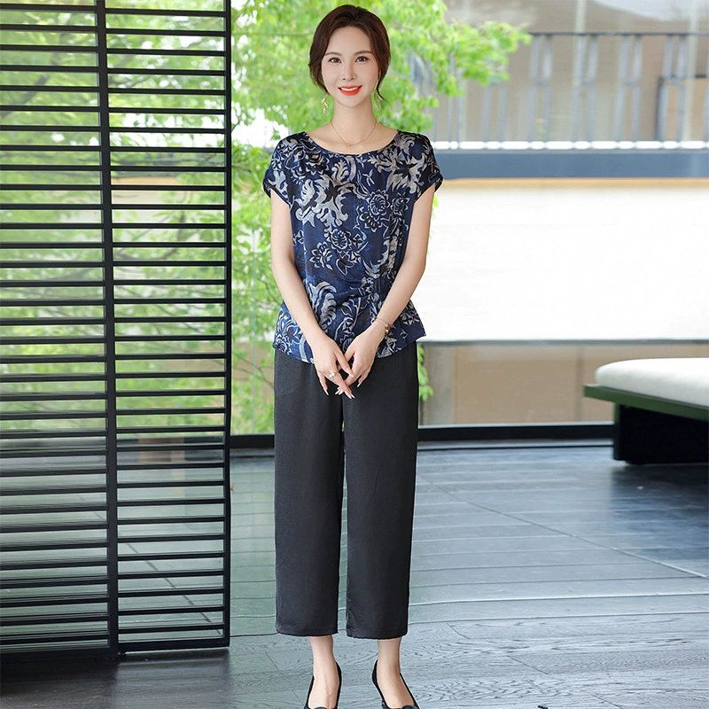 Летняя стильная шифоновая футболка с короткими рукавами для мамы, элегантные женские топы среднего возраста, широкие брюки для среднего и пожилого возраста, костюм больших размеров