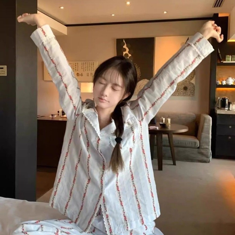 碎花条纹蕾丝花边睡衣女春秋季2025新款长袖长裤家居服套装可外穿|undefined