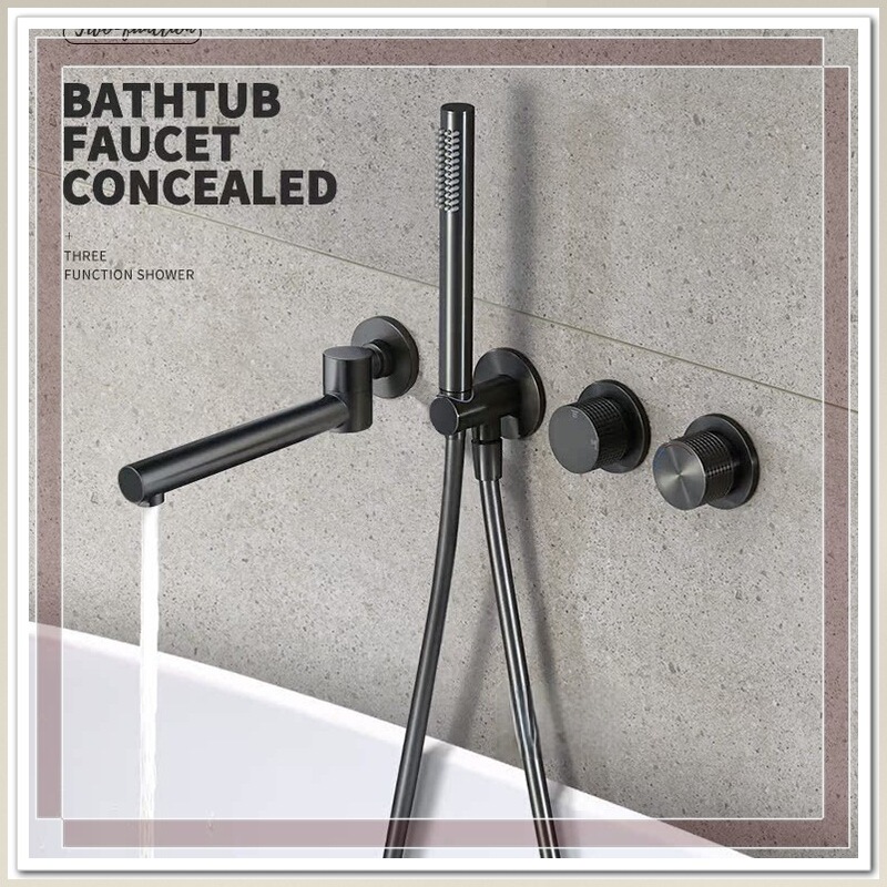 Gun Gray Shower Head Set In-Wall Concealed Household Bathtub Side Wall-Mounted Hot and Cold Shower Faucet Rotatable