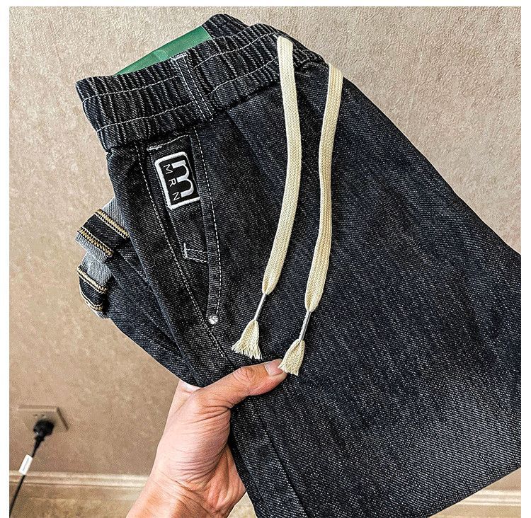 High end jeans for men in 2023, new Korean version trendy and fashionable, versatile, elastic waist drawstring tied_voghion.com