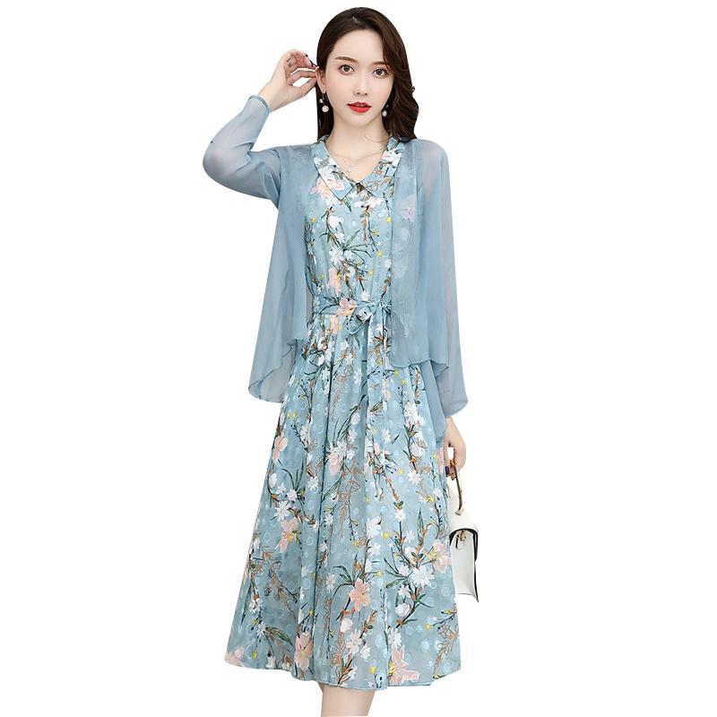 【两件套】雪纺连衣裙女遮肚韩版夏季女装2022新款潮长裙套装裙子