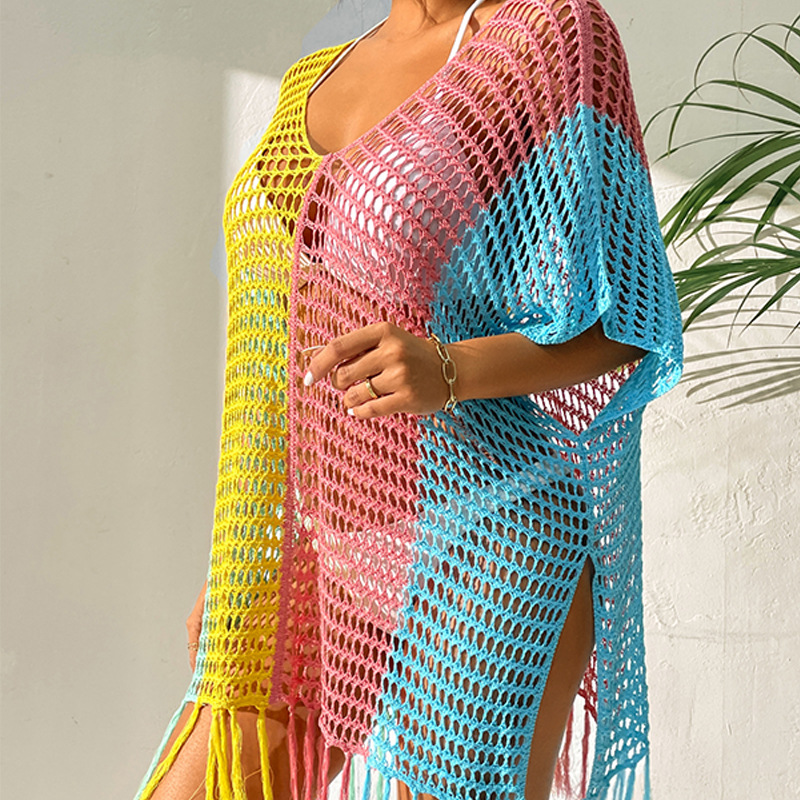 loose V-neck fringed hollow color contrast beach outdoor cover-up NSCYG131862