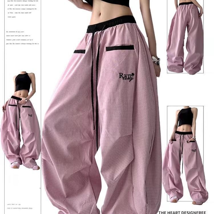 New American Retro Pleated Paratrooper Color-Block Plaid Scimitar Pants Women Street Dance Loose Wide-Leg Casual