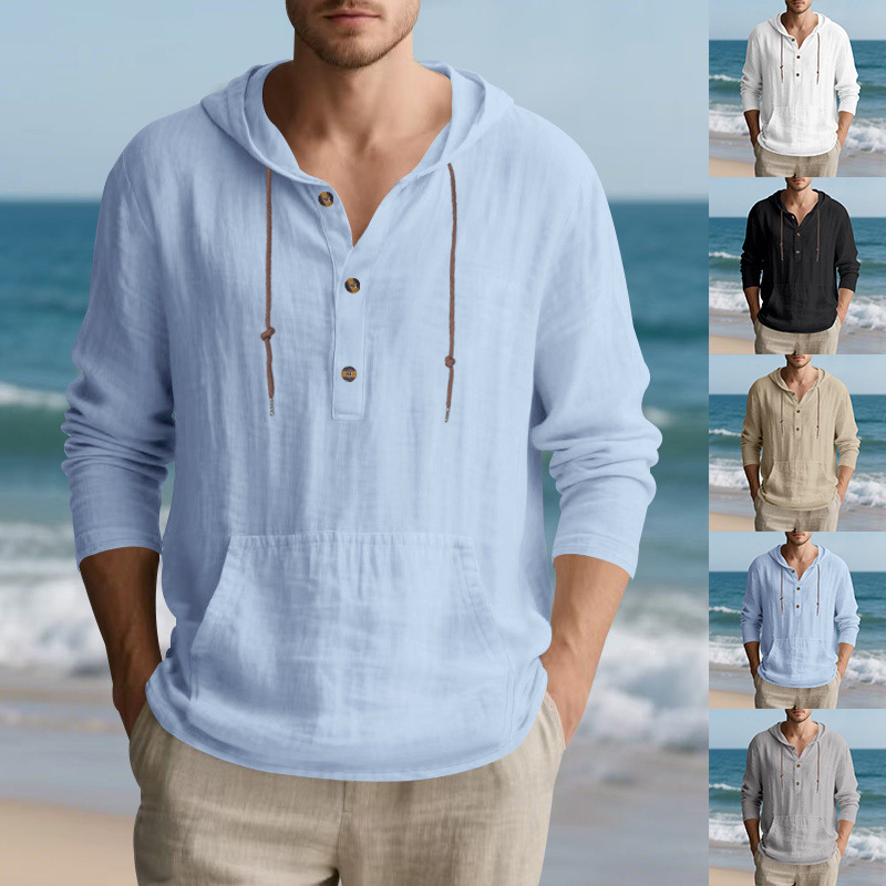 Cross-Border Men's Autum Sports and Leisure Long-Sleeved Shirts Cotton and Linen Hooded Pullover Sweatshirts Versatile Loose Beach T-Shirts Cross-Border Men's Autum Sports and Leisure Long-Sleeved Shirts Cotton and Linen Hooded Pullover Sweatshirts Versatile Loose Beach T-Shirts
