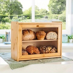 竹家庭用キッチン二層パンボックス透明ガラス正方形パンボックスデスクトップ調味料収納ボックス