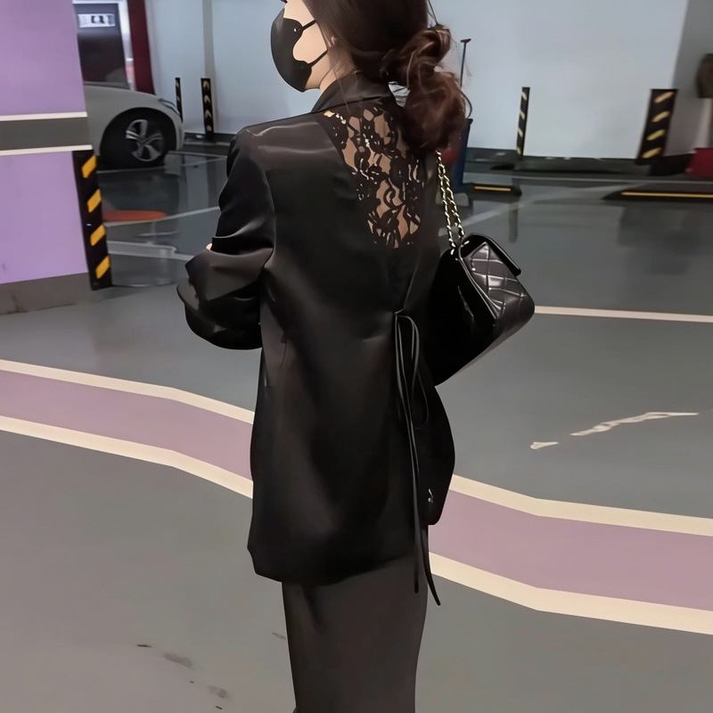 Xz213-Thin Satin Suit with Lace Back Panel, Loose Fit, Slimming Long-Sleeve Blazer, Sun Protection Jacket