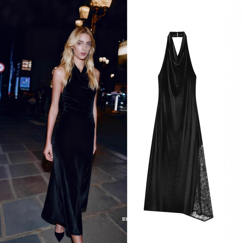 Za Export Cross-Border Spot Wholesale European and American Style Women's Summer Fashion Party Lace Velvet Midi Dress