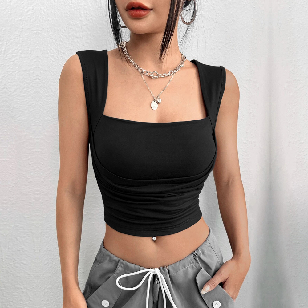 Short Top Length Tank Top Tops Type Wholesale Women'S Sexy Solid Color Pleated Tank Tops
