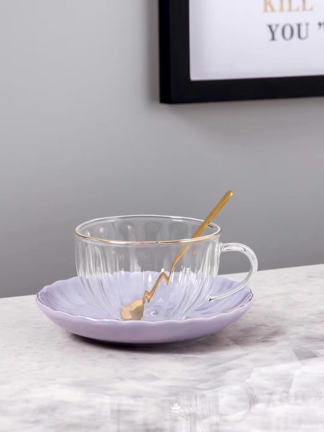 Estilo nórdico simple personalizada taza de café de cristal con platillo cuchara taza de regalo té de la tarde taza de la Oficina