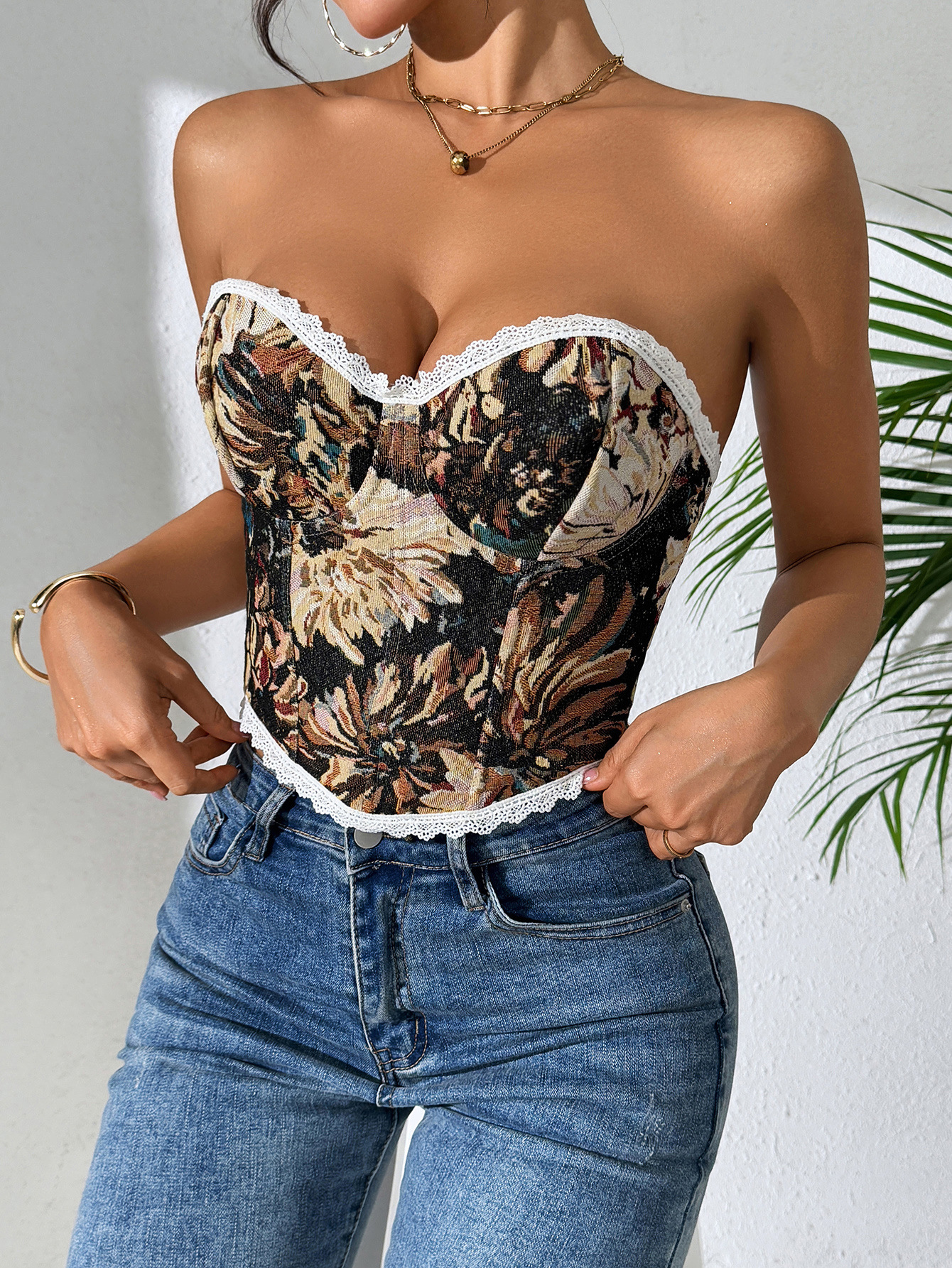 Sexy corsé de espina de pescado transfronterizo europeo y americano francés chaleco retro nuevo top de correa estampada chica caliente top de tubo ropa de mujer image 3