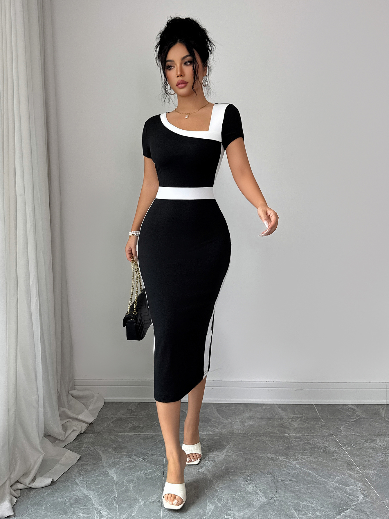 Women's Elegant Sophisticated Dress Slanted Neck Color Block Design Spring Summer Both Style And Comfort_ecoleips.com