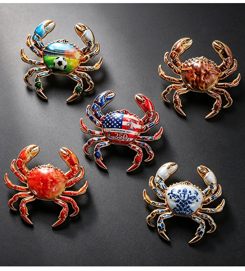 Eco-friendly crab brooch, 5 enamel pins, football, stars and stripes, blue and white porcelain themed accessories