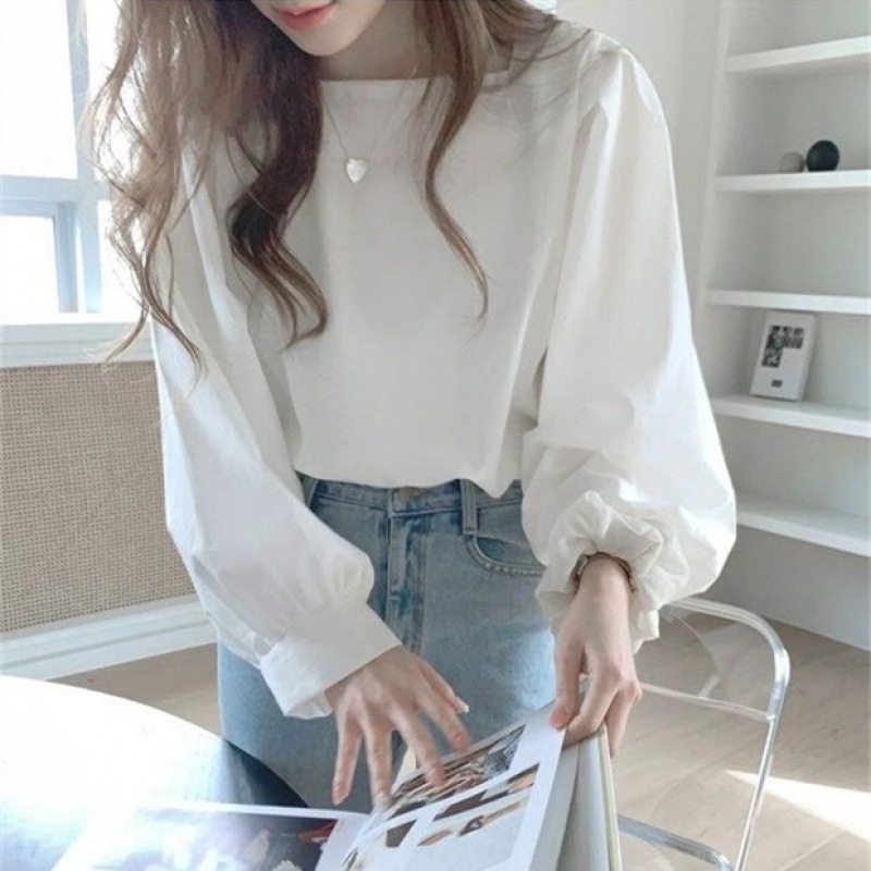 衬衫女韩版简约气质喇叭袖衬衣法款方领宽松纯色内_白色