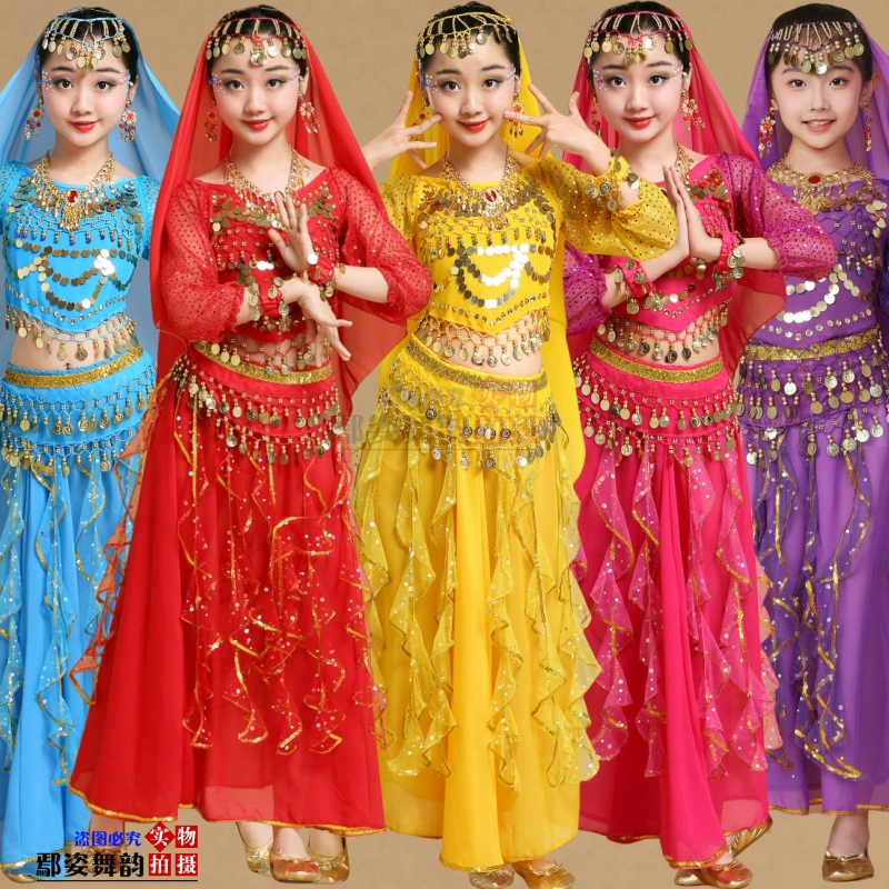 Детский индийский танцевальный костюм с длинными рукавами, костюм для синьцзянского танца, костюм для танца живота для девочек, Детский костюм для этнических танцев