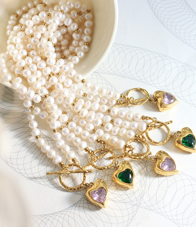 Retro Heart Shape Pearl Titanium Steel Inlaid Zircon Necklace 1 Piece