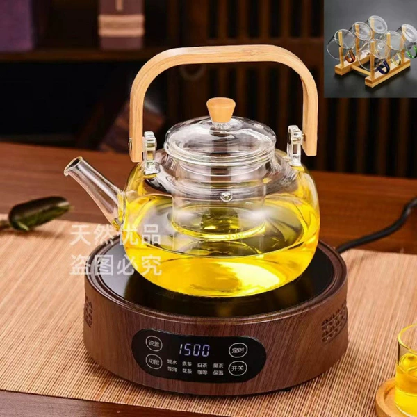 Stove+Transparent Bamboo Fat Pot+6 Cups+Tea Stand