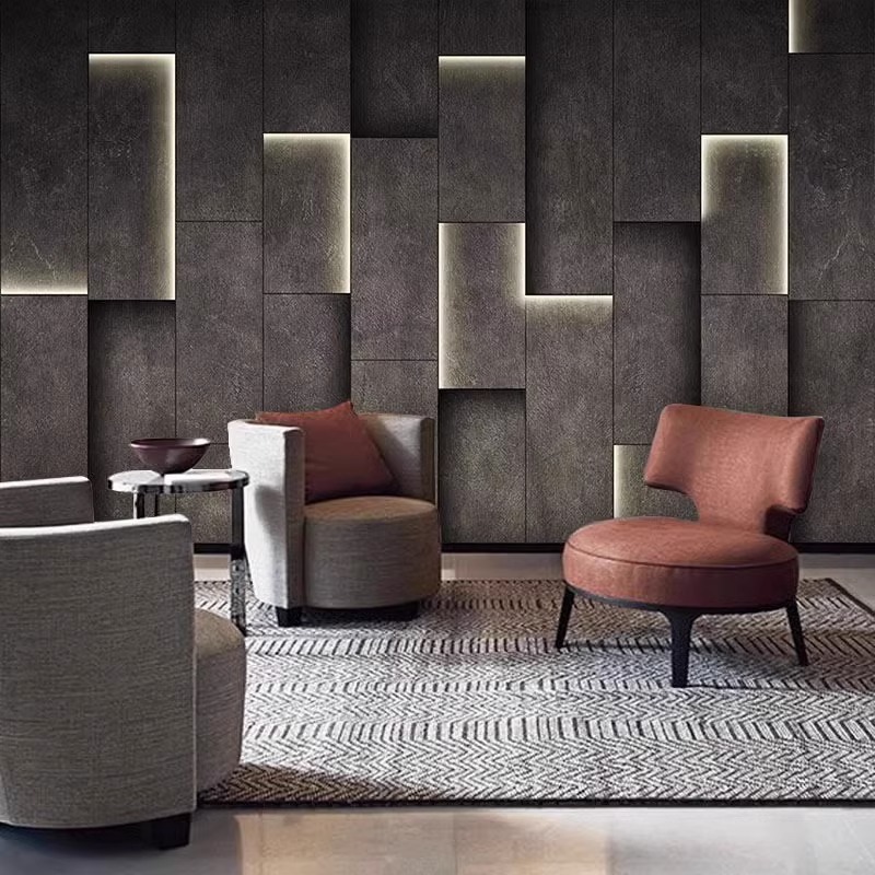 3D立体水泥灰高级感工业风办公室装修壁画直播发光背景墙壁纸