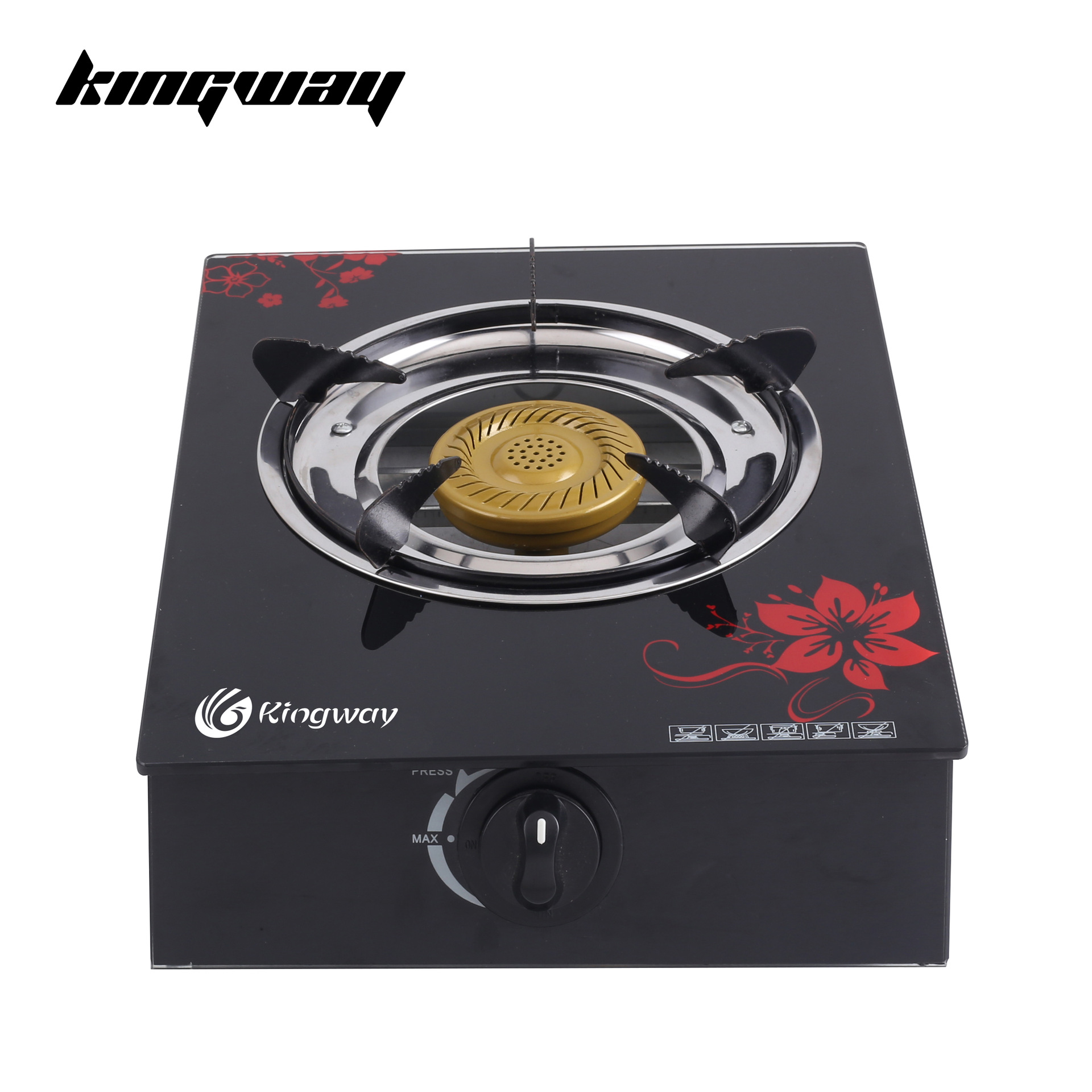 Kingway厂家直销外贸燃气灶 6mm钢化玻璃单灶铁皮旋火炉头煤气灶